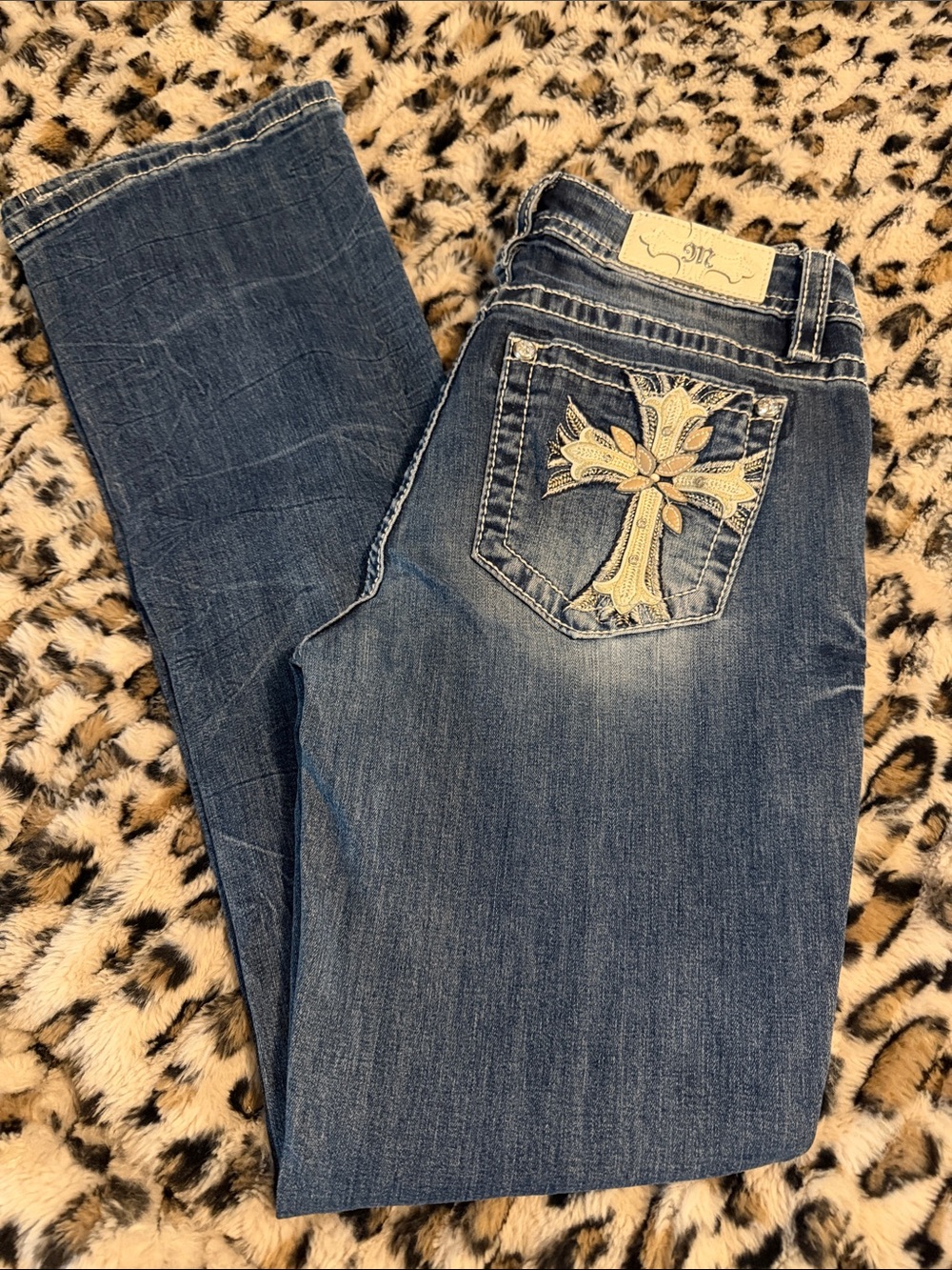 Miss Me Medium Blue Boot Cut Jeans with Embroidered Cross